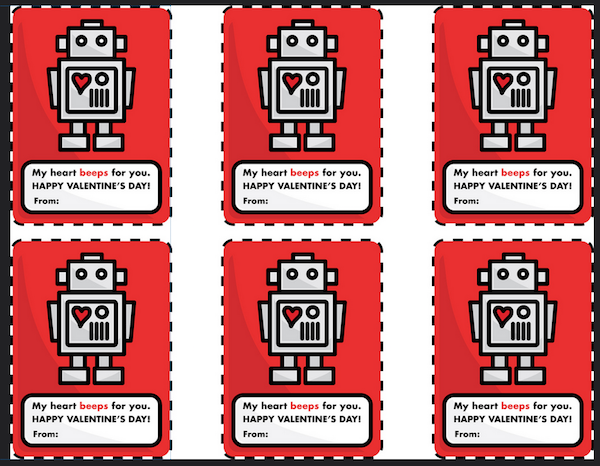 Valentines Day cards with robots are set out in rows.
