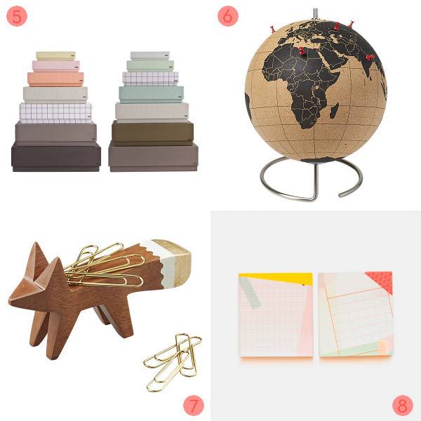Desk accessories with globe, magnetic fox paper clip holder, and organizational boxes.