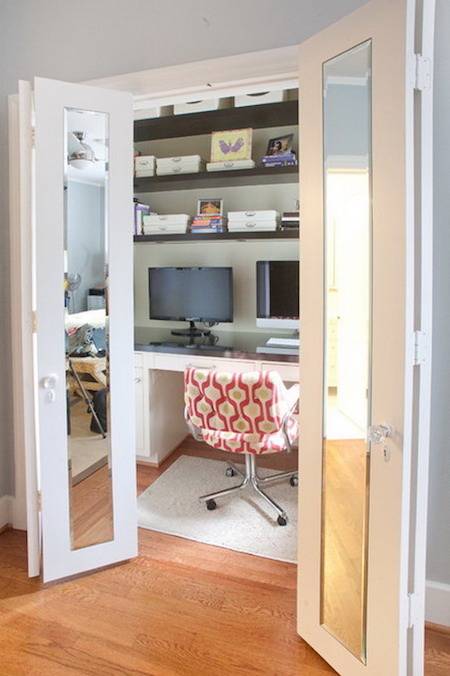 An office room with shelves and computers