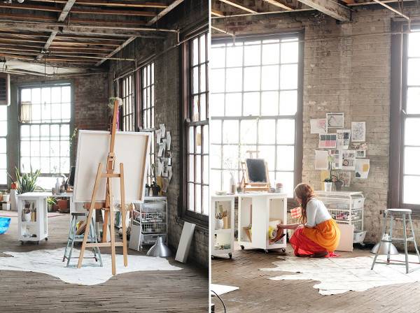 An industrial living room and a girl painting