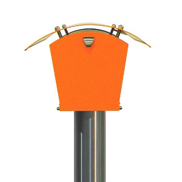 Orange mailbox in an original style on broad metal pole.