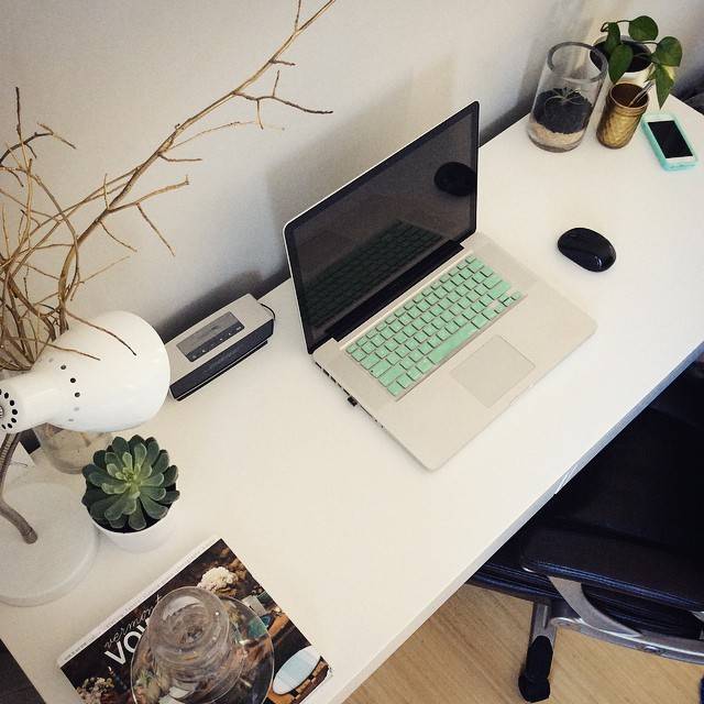 Working table with laptop, table lamp, potted plants, mobile and books at the top.