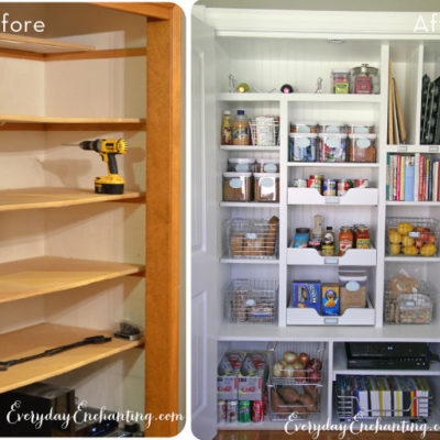 White pantry shelving with organizers and food.