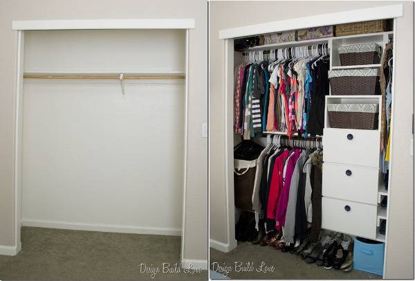 An emptly closet and a closet full of clothes
