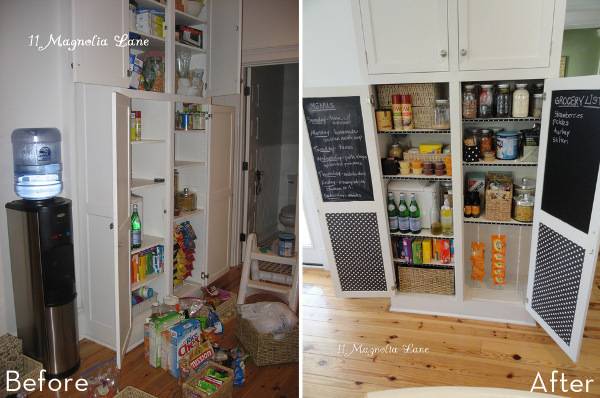 Pantry items arranging into the cupboards in the kitchen.