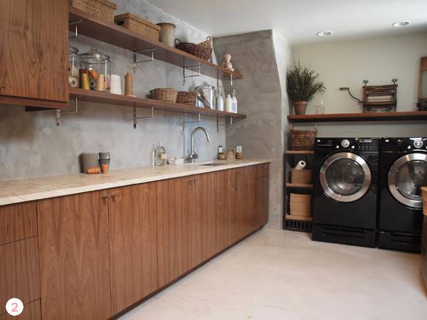 wood color cabinets in open settings and washer and dryer