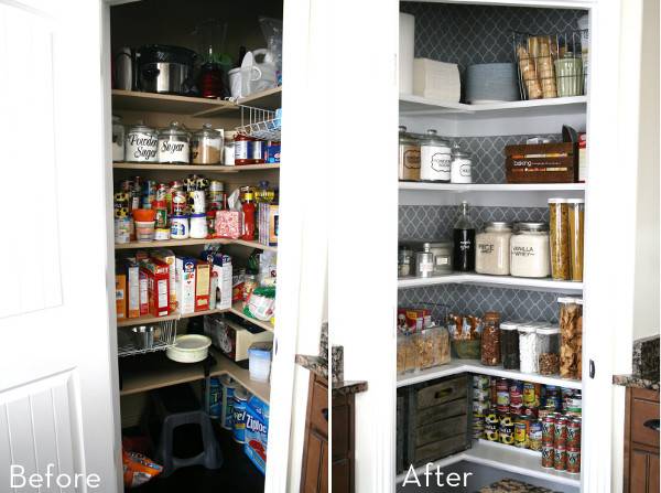 Pantry of a closet of containers and spices