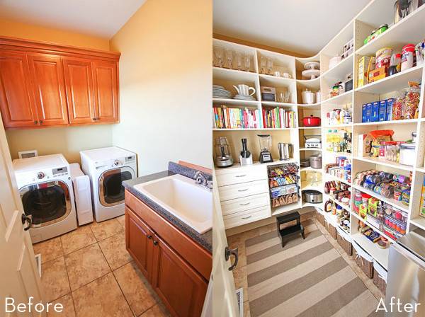 A small laundry room with wooden cabinets next to a smaller room with large cabinets.