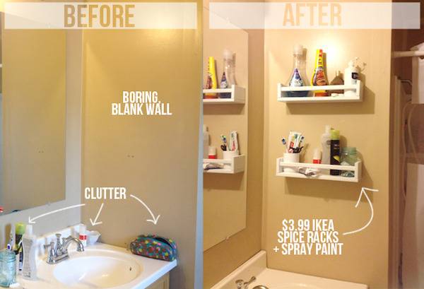 A bathroom sink with clutter on it and a bathroom sink with two shelves full of stuff on the wall.