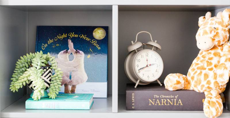 Books decorating shelves with plant, toy, and alarm clock.