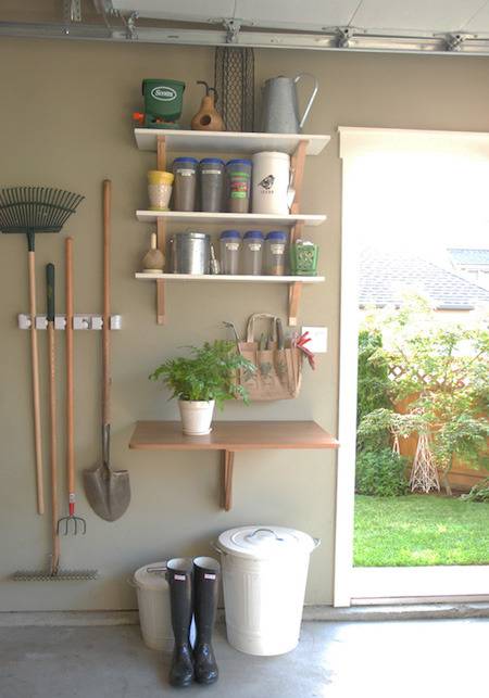 A well organized garden storage shelf.