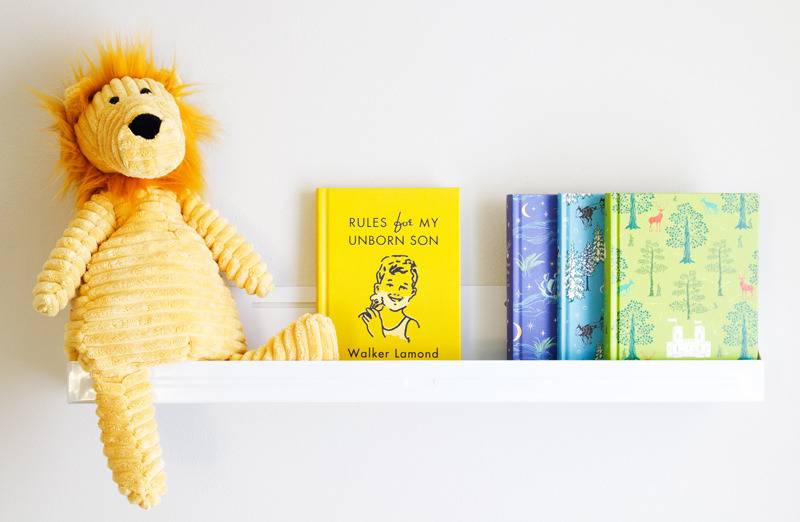 A shelf with books and a stuffed lion.
