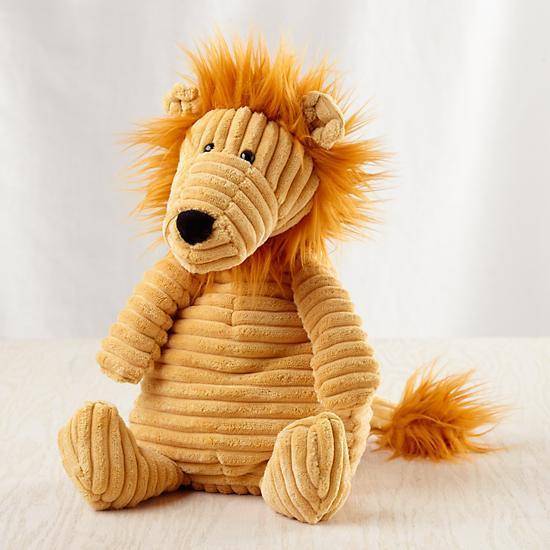 Stuffed lion toy with striped, textured plush.