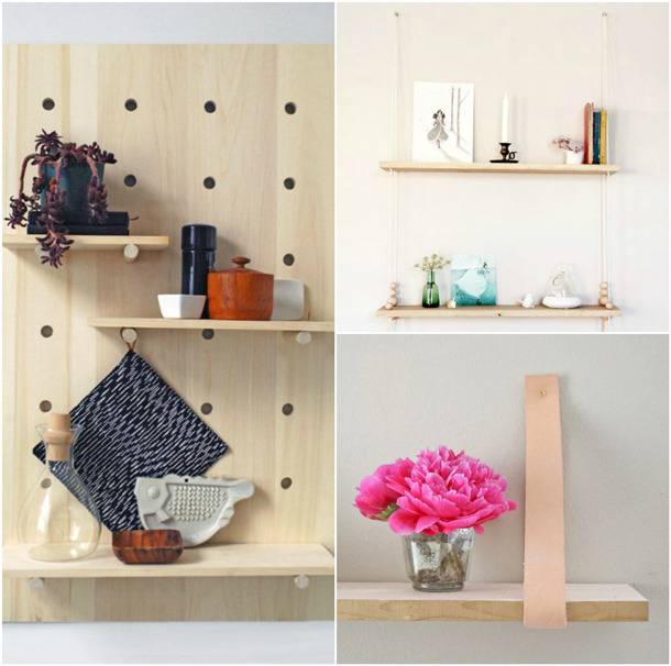 Shelves made  out of wood are used to display items.