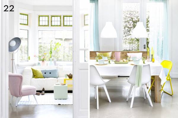 Pastel colored room decorations that make white furniture look colorful and vibrant.