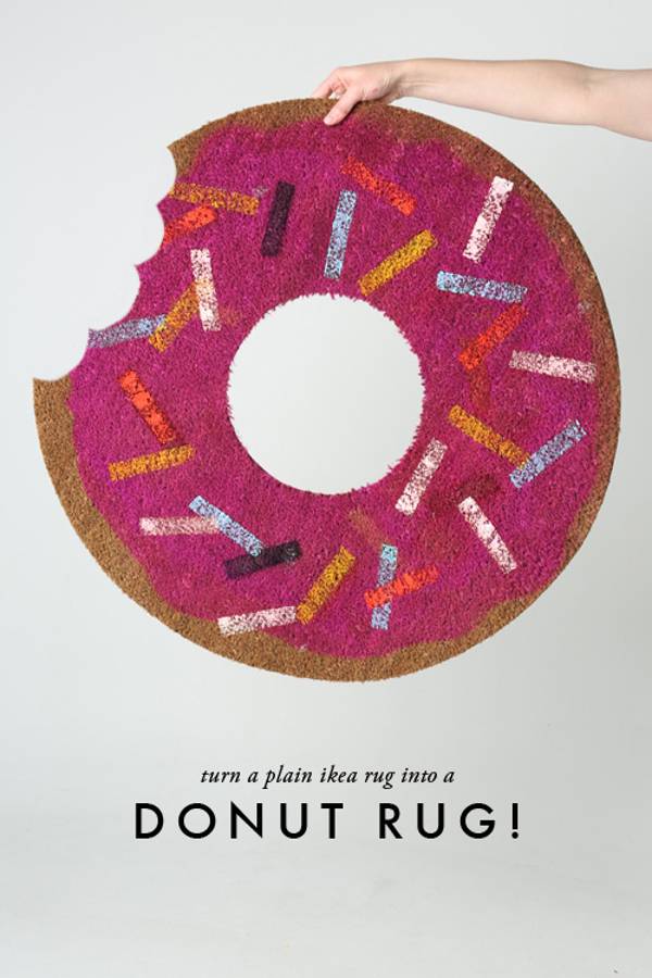 An advertisement for a rug shaped like a donut.