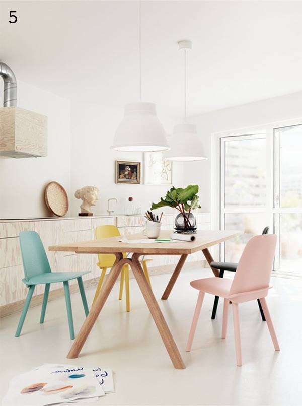 An eating area in a kitchen with pastel chairs.