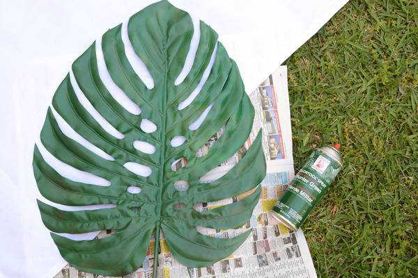 A huge leaf is on a newspaper in the grass.