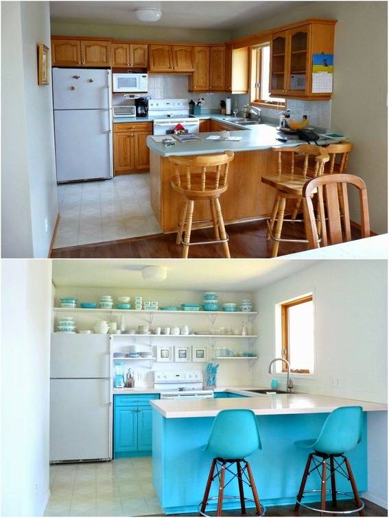 Wooden counter and chairs in a kitchen have been painted white and blue.
