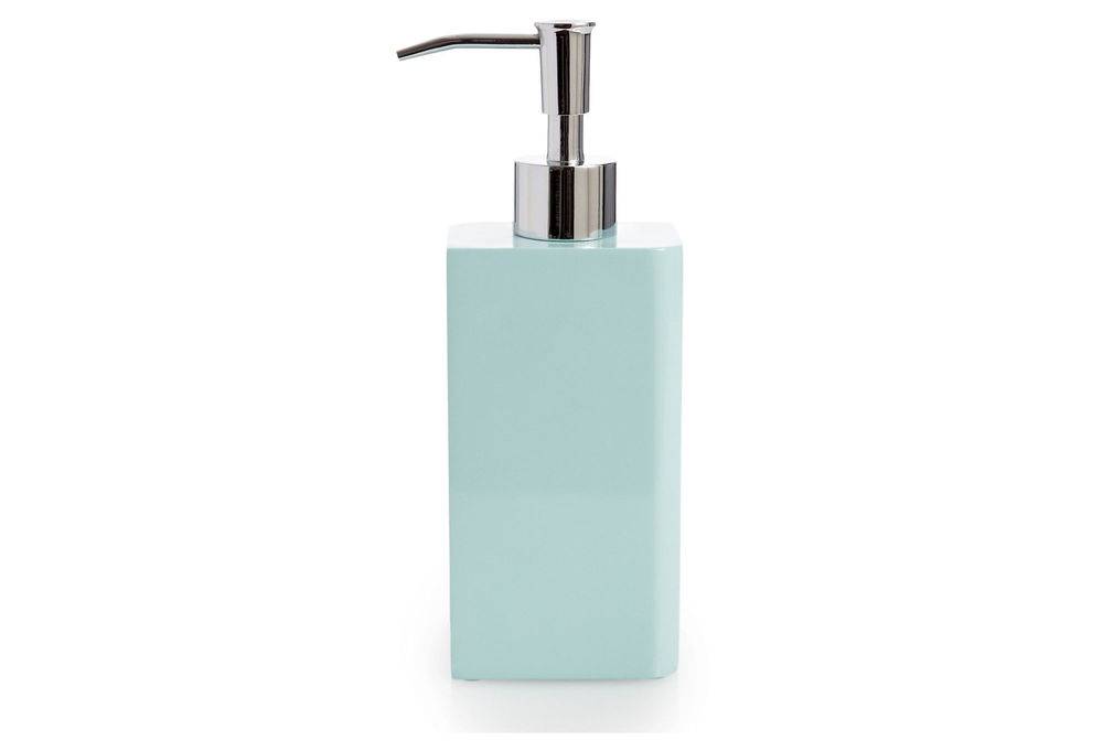 A blue soap dispenser with silver parts.