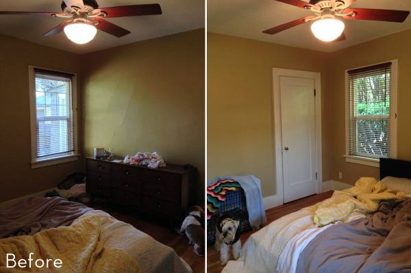 A bedroom with a ceiling fan before and after a makeover, viewed from two angles.