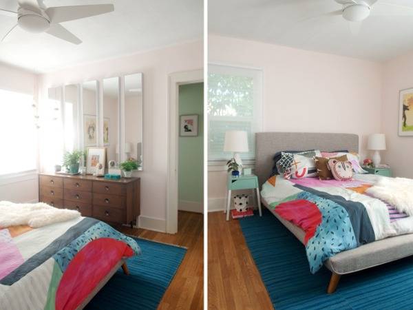 A  rose color walled room with cozy bed and large mirrors
