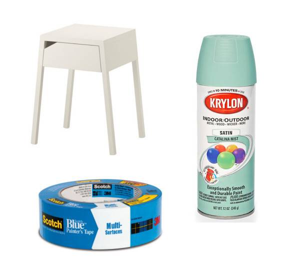 Blue tape and a can of spray paint stand near a small white table.