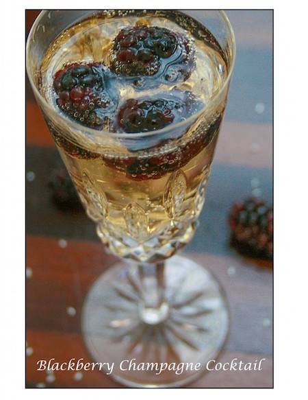 Berries are mixed into a clear drink in a glass.