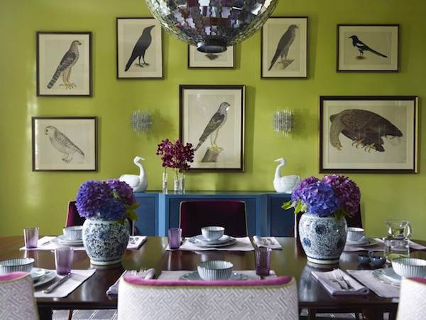 Pictures of birds are hanging on the yellow wall.