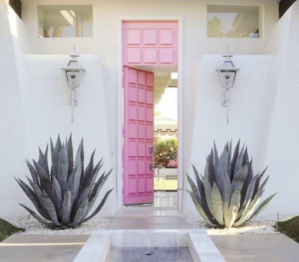 Spiky purplish cactuses flank a Pink door way into a modern contemporary style home.
