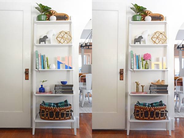 Two white shelves with identical items on them.