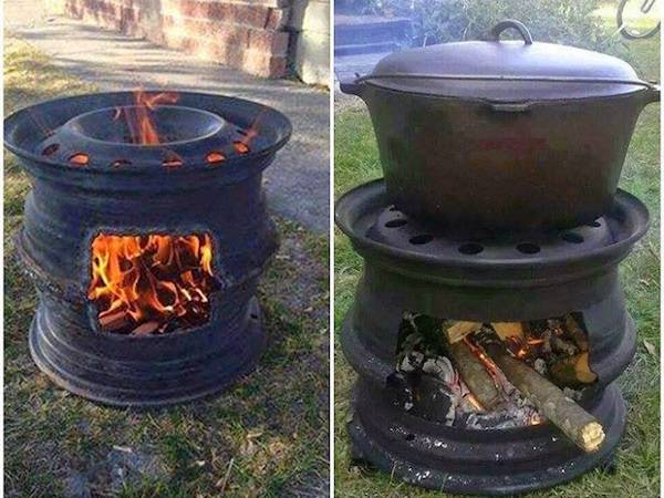 A split screen shows a charcoal grill with and without a pot on it.