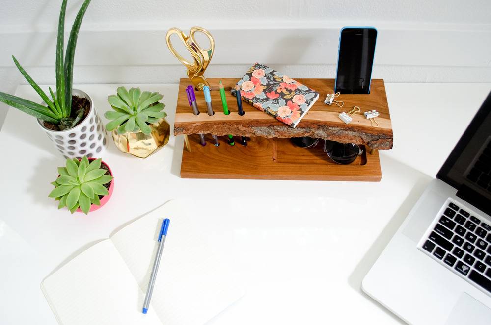 An open notebook with a grey pen on it with a blue cap next to three little potted plants which is next to a small brown shelf with pens, scissors and a flower notebook on it.
