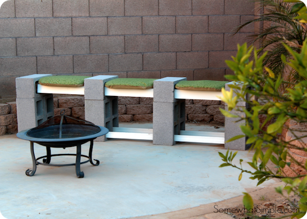 "Cool backyard with cinder blocks, pavers, and concrete."
