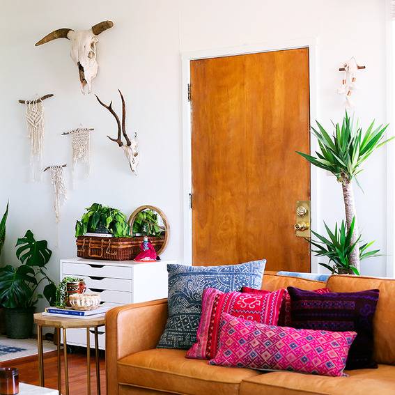 Beautiful Bohemian Spaces - Living room with pops of colour (Design Sponge)