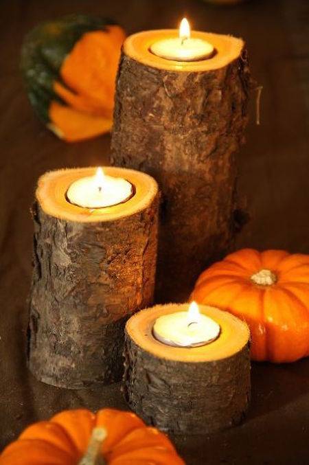 Candles are burning on logs near pumpkins.