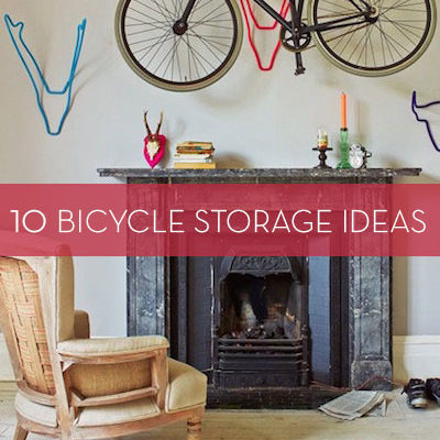 Bicycle storage idea above the fireplace inside the house.
