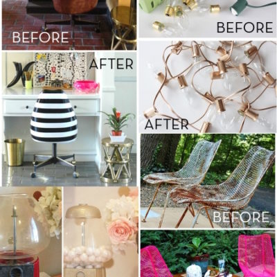 Before and after pictures of a brown chair painted black and white, a green string of lights painted gold, a red gumball machine painted gold and a set of wire chairs painted bright pink.