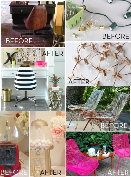 Before and after pictures of a brown chair painted black and white, a green string of lights painted gold, a red gumball machine painted gold and a set of wire chairs painted bright pink.