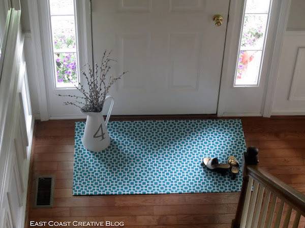 A blue and white patterned rug is sitting on the floor in front of the door.