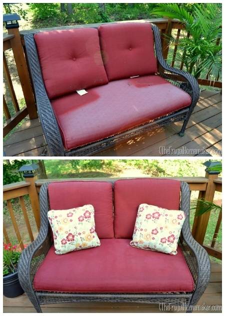 An outdoor loveseat on a deck shown with and without pillows.