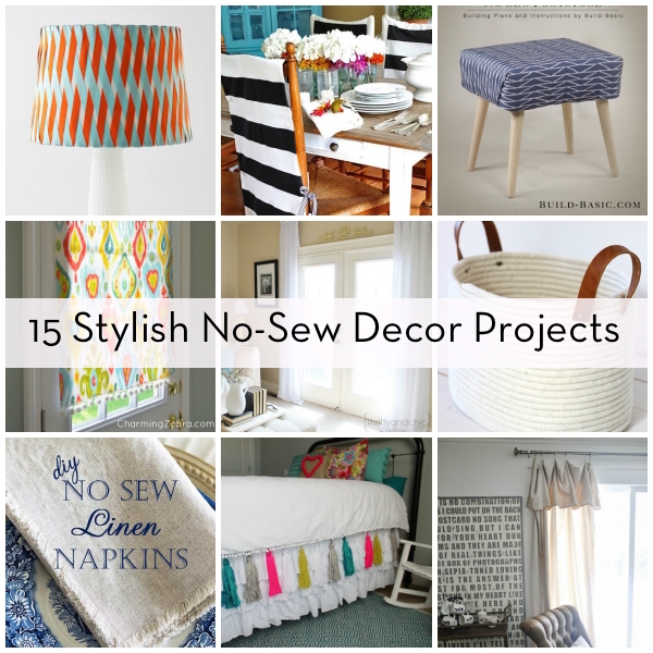 Nine different sew decorative ideas for home contain table lamp, couch, napkins, curtains, baskets, and window decorations.