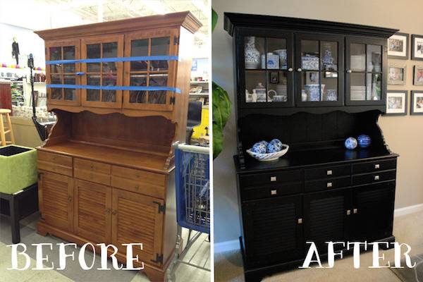 A china cabinet is shown in its original state of a medium toned wood and then after it is refinished in black with new hardware added.