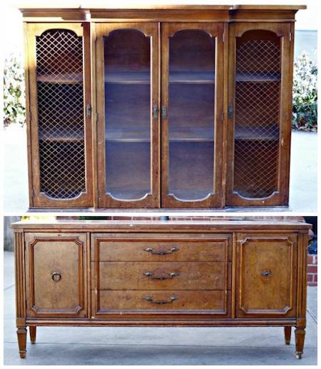 A tall brown sideboard cabinet with four oval doors and two shelves on the top portion.