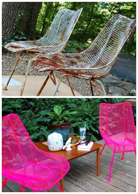 Before and after pictures of bright pink chairs are shown.