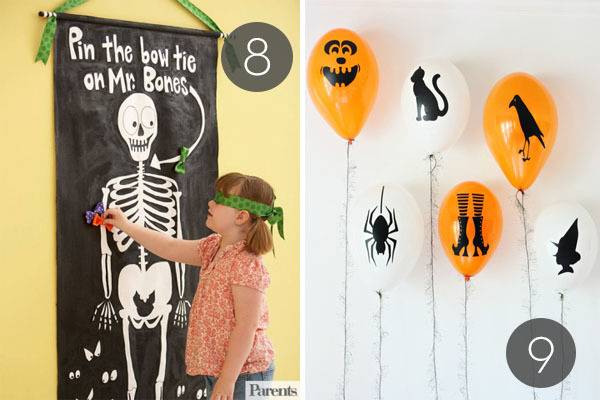 Girl playing "Pin the Bow Tie on Mr. Bones" on a skeleton on a wall at a Halloween party.