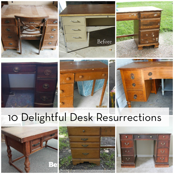 "Wooden tables with drawers."