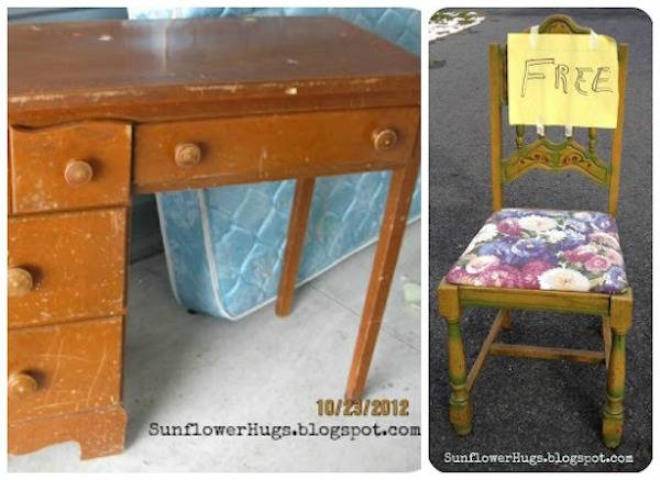 A 1950s style Brown desk with Nick's in it is on a driveway next to a chair of the same time frame.
