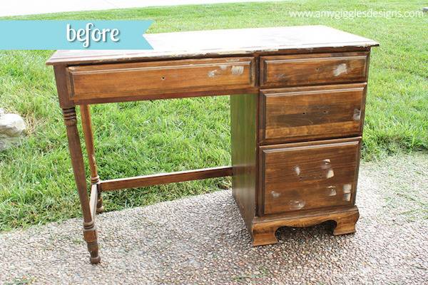 A wooden desk before a makeover.