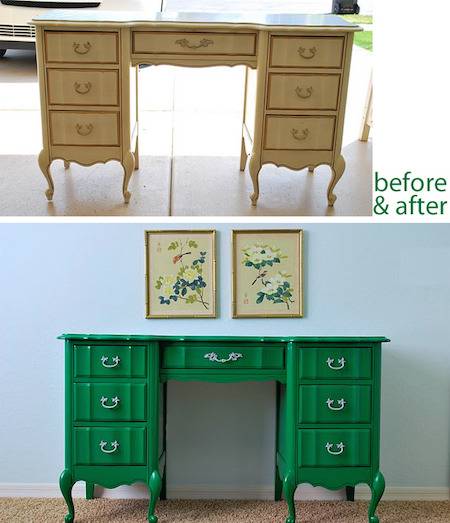 A brown desk has been painted a vibrant green color.